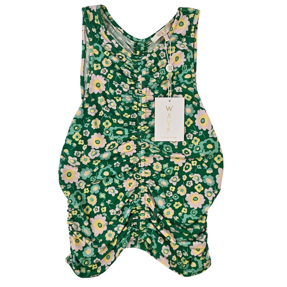 WAYF Green‎ Floral Ruched Tank Top Sleeveless Scoop Neck Retro Daisy Print Small